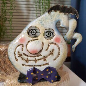 Vintage Halloween Metal Goofy Ghost with Bat Tea-Light Candle Holder 6 1/2" x 7”